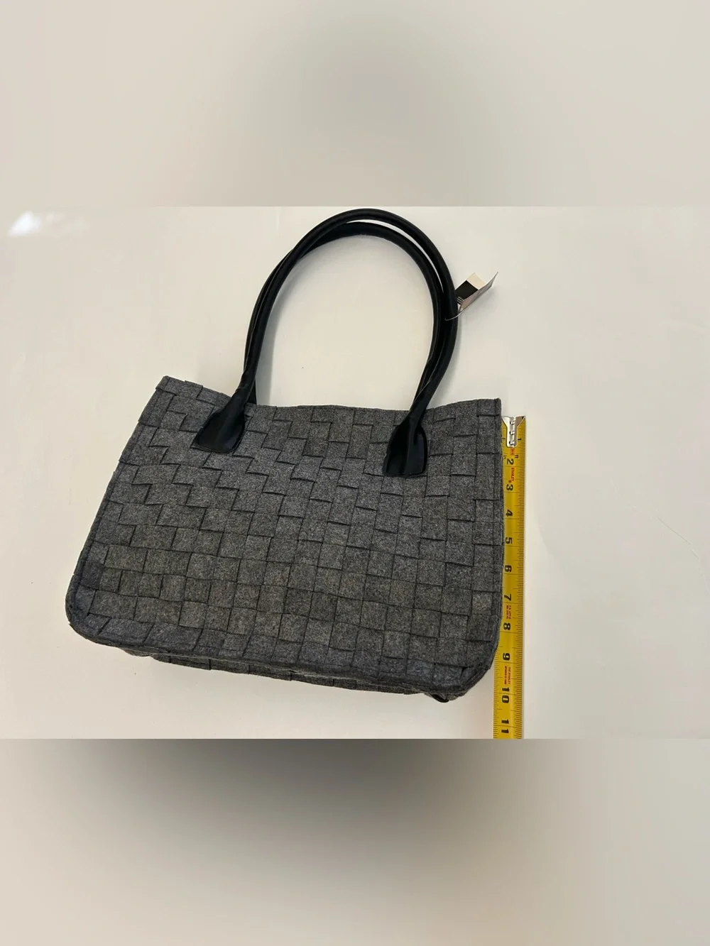 NWT Woven Grey Felt Tote Bag with Black leather Handles